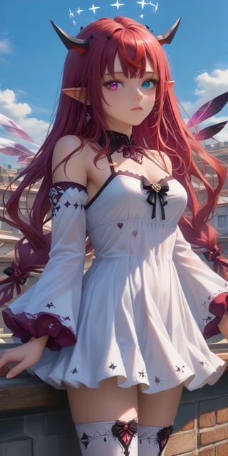 score_9, score_8_up, score_7_up, solo,
standing on roof, sky, panorama,
young woman, medium breasts,
(blush:0.5), looking at viewer,
IrysBase, heterochromia, purple eye, blue eye, long hair, double halo, detached wings, short white dress, short skirt, detached sleeves, bare shoulders, purple thighhighs