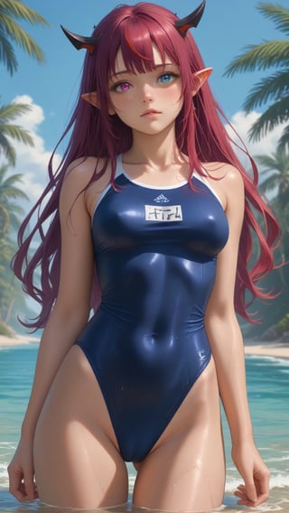 score_9, score_8_up, score_7_up,
text "TOFU" text,
young woman, medium breasts,
IrysHolo, horns, heterochromia, purple eye, blue eye, long hair, purple hair,
(happy:0.5), blush,
cameltoe, covered nipples,
blue school onepiece swimsuit, wet, wet swimsuit,
standing, cowboy shot, thighs,
sea, partially submerged, beach, palmtrees