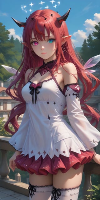 score_9, score_8_up, score_7_up, solo,
standing on roof, sky, forest,
young woman, medium breasts,
(blush:0.5), looking at viewer,
IrysBase, heterochromia, purple eye, blue eye, long hair, double halo, detached wings, short white dress, short skirt, detached sleeves, bare shoulders, purple thighhighs