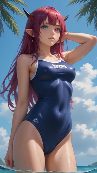 score_9, score_8_up, score_7_up,
text "TOFU" text,
young woman, medium breasts,
IrysHolo, horns, heterochromia, purple eye, blue eye, long hair, purple hair,
(happy:0.5), blush,
cameltoe, covered nipples,
blue school onepiece swimsuit, wet, wet swimsuit,
standing, cowboy shot, thighs,
sea, partially submerged, palmtrees