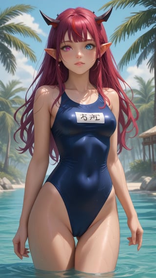 score_9, score_8_up, score_7_up,
text reads as "TOFU",
young woman, medium breasts,
IrysHolo, horns, heterochromia, purple eye, blue eye, long hair, purple hair,
(happy:0.5), blush,
cameltoe, covered nipples,
blue school onepiece swimsuit, wet, wet swimsuit,
standing, cowboy shot, thighs,
sea, partially submerged, palmtrees