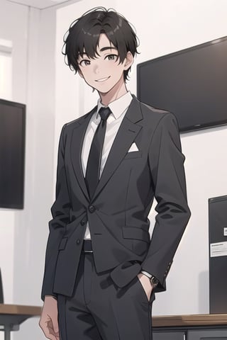 1boy, korean, short black hair, smiling, handsome, black suit, dark office background, standing, watch, 