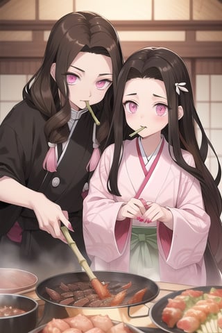  pink eyes, long nail, bamboo in mouth, forehead, two-tone hair, brown hair, black hair, kimetsu no yaiba,kamado nezuko