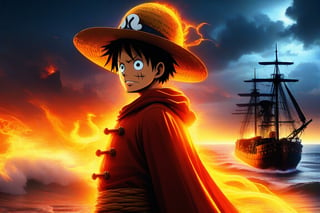 Luffy: The Straw Hat Pirate captain stands tall, his rubber powers glowing with a fiery aura, as he gazes out at a stormy sea, ready to take on the Grand Line.