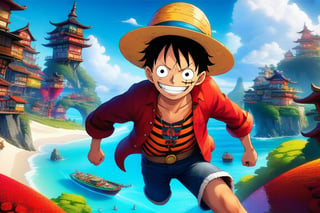 Luffy: A playful, exaggerated Luffy, his rubber powers used for comedic effect, as he bounces around a colorful, fantastical island.