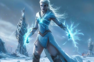 Frozen in time, Disney's Elsa stands tall amidst a ravaged battlefield, her icy powers unleashed in a Mortal Kombat-style fatality, digital painting