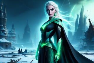 Frozen in time, Disney's Elsa, green eyes, stands tall amidst a ravaged battlefield, her icy powers unleashed in a Mortal Kombat-style fatality. digital painting