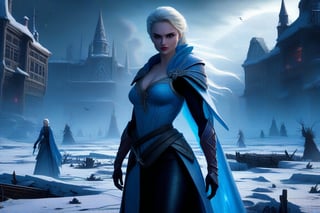 Frozen in time, Disney's Elsa stands tall amidst a ravaged battlefield, her icy powers unleashed in a Mortal Kombat-style fatality. digital painting