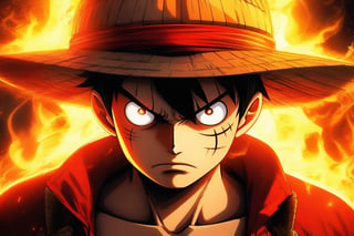 Luffy: A close-up of Luffy's determined face, his eyes burning with a fierce ambition, as he prepares to face off against a powerful foe.