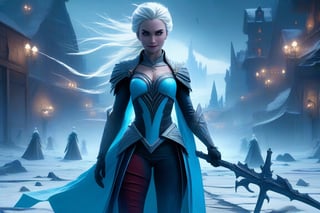 Frozen in time, Disney's Elsa stands tall amidst a ravaged battlefield, her icy powers unleashed in a Mortal Kombat-style fatality. digital painting