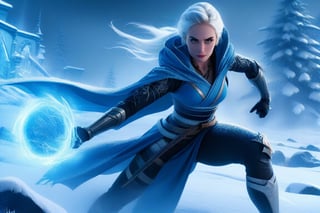 Icy grip of winter, Disney's Elsa unleashes her cryokinetic powers in a Mortal Kombat-style finishing move, amidst a snowy battlefield. digital painting