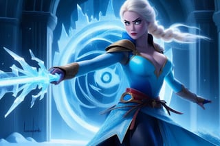 Elsa's icy grip, a Disney Frozen princess unleashes her frosty powers in a Mortal Kombat-style fatality, encasing her opponent in a tomb of ice. digital painting