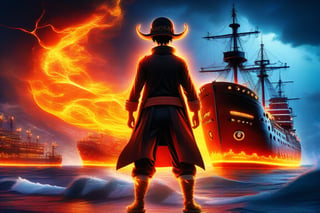 Luffy: The Straw Hat Pirate captain stands tall, his rubber powers glowing with a fiery aura, as he gazes out at a stormy sea, ready to take on the Grand Line.