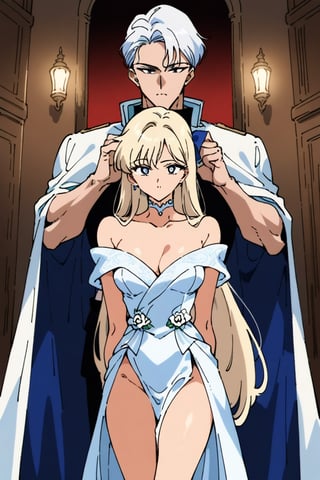 1 man, 1 woman, 8k, high detail, majestic, magic, (Masterpiece, side light), hdr, Bright blue eyes, Handsome adult man, long straight platinum hair, dressed in royal robes, cape on shoulders, long beautiful straight platinum hair below shoulders, hair pattern, athletic build, beautiful proportioned male figure, tanned skin, handsome, a real masterpiece. Long platinum hair below the shoulders. a well-built man. He kisses the hand of an incredibly beautiful young femme fatale blonde with long golden hair, she is wearing a beautiful luxurious off-the-shoulder dress, she is a princess. They are in love with each other. full-length image. excellent drawing, detailed drawing, masterpiece execution. super-detailed drawing, beautiful eyes.(Beatiful, masterpiece, aesthetic). Anime muscle man.long straight platinum hair below the shoulders. Light blue eyes. military clothes, Handsome male, looking at the viewer.front view. kissig blonde girl,Couple poses, blonde hair,hair bow, long hair,aavenus. beautiful drawing, a masterpiece performance. super detailed drawing, beautiful eyes.  
(Anime Character) (Dark enviroment). Kunzite,Malachite,SMV4,score_9,score_8_up,score_7_up,rating_explicit, (Aesthetic dark image), 