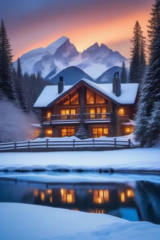 A serene winter wonderland scene: A cozy chalet stands warmly lit amidst a snowy landscape, flanked by towering pine trees whose branches are freshly blanketed in snow. Two majestic deer pose elegantly in the foreground, their silhouettes adding to the tranquil ambiance. In the distance, snow-capped mountains stretch towards twilight, while the star-speckled sky above casts a sense of peaceful isolation amidst the wilderness's stillness.