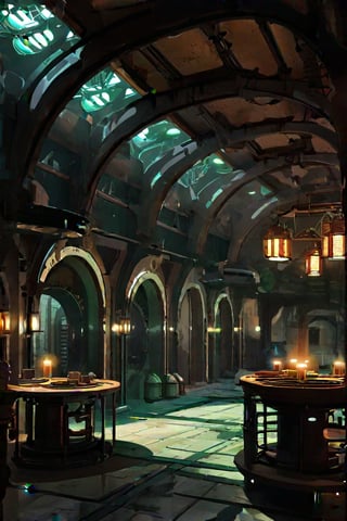 scenery, sh,retro artstyle, ((high ceiling)), (((center atrium))), busy,clean floor, low light, dark, metal, matte, green, running lights, pipes, piping, rust, corrosion, energy pulse, fog, mist, round door, rounded doorway, round doorframe, fountain, table, food, drink, arches, pillar, cables, (round), fan, vent, venting,noc-space,VNS_Fantasy Ruin, console, medieval interior