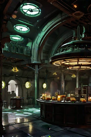 scenery, sh,retro artstyle, ((high ceiling)), (((center atrium))), busy,clean floor, low light, dark, metal, matte, green, running lights, pipes, piping, rust, corrosion, energy pulse, fog, mist, round door, rounded doorway, round doorframe, fountain, table, food, drink, arches, pillar, cables, (round), fan, vent, venting,noc-space,VNS_Fantasy Ruin, console, medieval interior