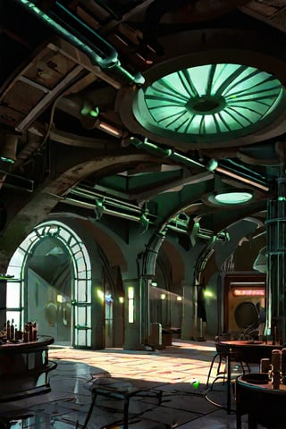 scenery, sh,retro artstyle, ((high ceiling)), (((round center atrium))), busy,clean floor, low light, dark, metal, matte, green, running lights, pipes, piping, rust, corrosion, energy pulse, fog, mist, round door, rounded doorway, round doorframe, fountain, table, food, drink, arches, pillar, cables, (round), ((fan)), ((vent)), venting,noc-space,VNS_Fantasy Ruin, console, medieval interior