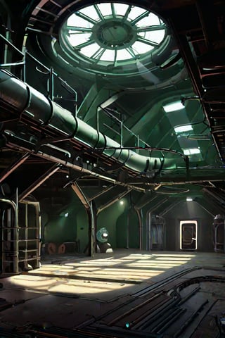 scenery, sh,retro artstyle, ((high ceiling)), (((round center atrium))), clean floor, low light, dark, metal, matte, green, running lights, pipes, piping, rust, corrosion, energy pulse, fog, mist, round door, rounded doorway, round doorframe, (round), ((fan)), ((vent)), venting,noc-space,VNS_Fantasy Ruin, console, medieval interior, (((metal floor))), cat walk, high beam, rafters, scaffolding, tarp, destroyed