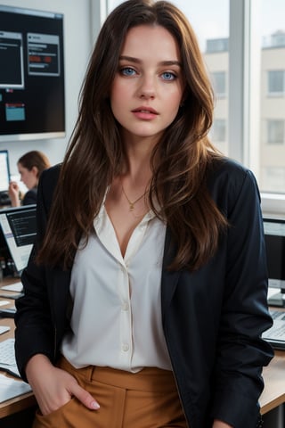 22 yr 1girl, solo, long hair, looking at viewer, blue eyes, brown hair, shirt, black hair, closed mouth, jacket, half body, artist name, lips, white shirt, black jacket, realistic, office_lady, office, straight position, looking straight, office dress,