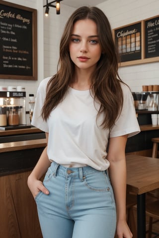 22 yr 1girl, solo, long hair, looking at viewer, blue eyes, brown hair, wearing t shirt closed mouth,  half body, artist name, lips, white shirt, black pant, realistic, coffee shop  straight position, looking straight, 