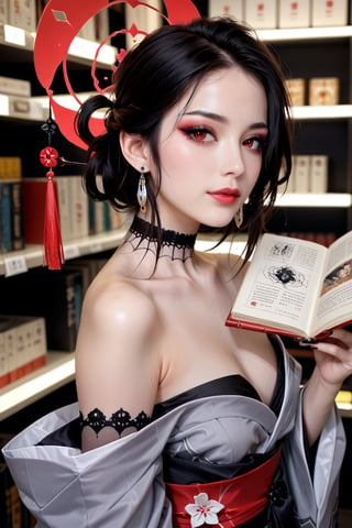 1girl, a beautiful japanese idol, score_9, score_8_up, score_7_up, source_photo, ulzzang, lustry skin texture, pale skin tone, photography, realistic, hyperrealistic, ultrarealistic, raw photo, absurd resolution,  kokuriko, red eyes, black hair, hair bun, sidelocks, hair ornament, hair stick, earrings, halo, gray kimono, japanese clothes, wide sleeves, obi, off shoulder, choker, spider web pattern, goth fashion, eyeliner, tassel, viewed from side, in a book store, reading book, a mesemerizing beauty, jesus lighting on her face