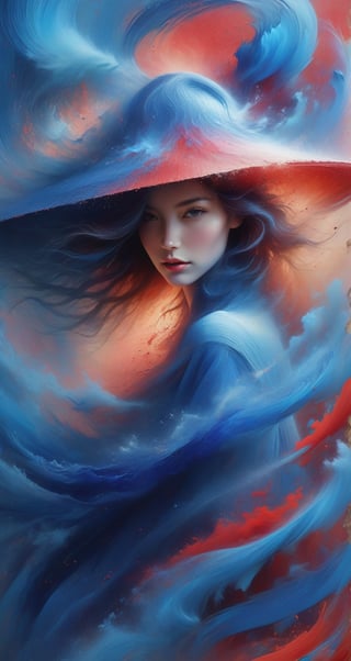 A woman wearing a wide-brimmed hat, gorgeous colors, the woman's hair breaks into small pieces and turns into powder as it moves away from her head, the abstract red background and fantastic blue gradient add to the mysteriousness, the heavy and unstructured thick brush strokes beautifully express the portrait of a woman,