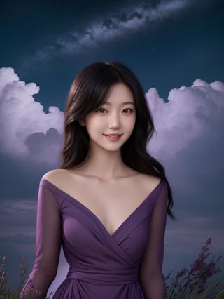 Japanese girl, lilac dress, dark eyes, medium wavy hair, medium chest, long red-black gradient hair, night sky, summer night, portrait, tranquility, innocence, fantasy, bright colors, dark tones, clouds, full body , smile - - ar 9:16 --chaos <30> --q <.25, .5, 2, >, (horizontal angle), (medium shot), (real photo), (soft light) ,(Hyperrealistic)