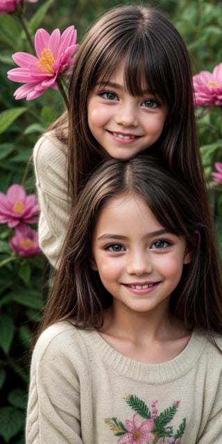 looking at viewer, long hair, umber eyes, simple background, shirt, 1littlegirl, hair between eyes, closed mouth, pink sweater, black hair, female focus, brown eyes, smile, 7year old,glasses,,, green eyes,, nature, small nose, big eyes, sweet smile, flowers in hair, as real as possible, flower in the ear

