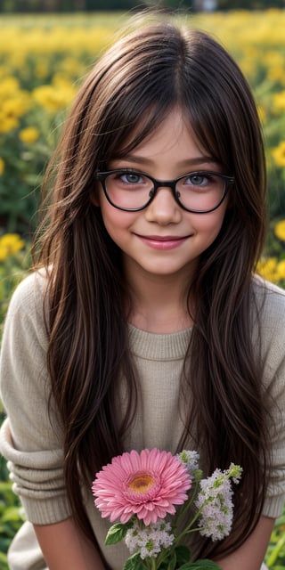 looking at viewer, long hair, umber eyes, simple background, shirt, 1littlegirl, hair between eyes, closed mouth, pink sweater, black hair, female focus, brown eyes, smile, 7year old,glasses,,, green eyes,, nature, small nose, big eyes, sweet smile, flowers in hair, as real as possible, flower in the ear

