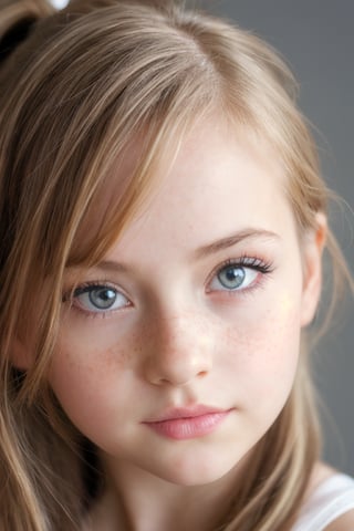 masterpiece portrait, Hyperrealistic, stunning beauty, high detail, cinematic photo Medium format photography, Anime tween girl digital artwork, A tween girl in her 12s, looking at the camera, she has freckles, blue eyes, she has Lush blonde hair,, wearing a mini dress, ponytail,  highly detailed, best quality, 8k uhd, Nikon 70d, ISO200, F/2.8, 1/25sec, 70mm . 35mm photograph, film, bokeh, professional, 4k, highly detailed