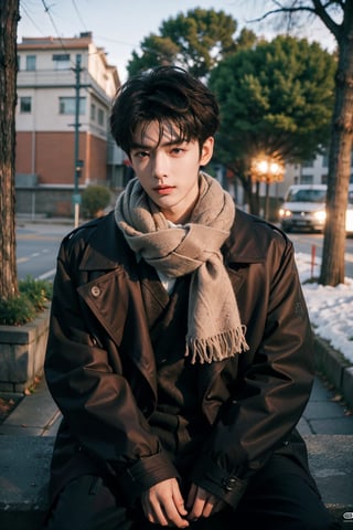 solo, looking at viewer, short hair, 1boy, sitting, jacket,  male focus, outdoors, pants, scarf, tree, coat, stairs, realistic, winter clothes, winter