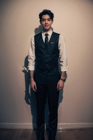 solo, looking at viewer, smile, shirt, black hair, 1boy, tall boy, standing, full body, white shirt, male focus, necktie, pants, black footwear, vest, shadow, formal, black necktie, black vest, hands in pockets,long legs