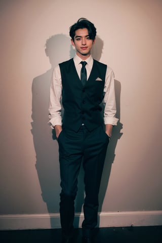 solo, looking at viewer, smile, shirt, black hair, 1boy, tall boy, standing, full body, white shirt, male focus, necktie, pants, black footwear, vest, shadow, formal, black necktie, black vest, hands in pockets,long legs