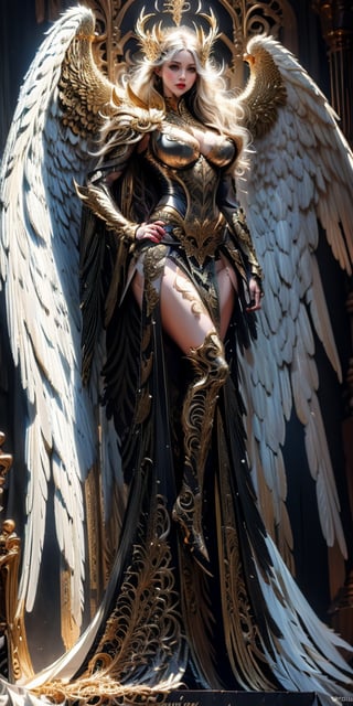 masterpiece, best quality, photorealistic, raw photo, 1girl, long white hair, mechanical black armor, intricate armor, angelic wings, delicate gold filigree, intricate filigree, black metalic parts, detailed part, red cape, warrior, hand on hips, detailed background, dynamic pose, dynamic lighting, huge breast, cleavage, full body, thicc thighs,