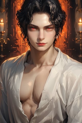 solo, looking at the viewer, cocky smile, black hair, very pale skin, detailed red eyes, 1boy, half body:1.5, male focus, muscular, shirtless:1.5, naked chest, night, elegant castle, kibutsuji_muzan, 