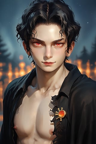 solo, looking at the viewer, cocky smile, black hair, very pale skin, detailed red eyes, 1boy, half body:1.5, male focus, muscular, shirtless:1.5, naked chest, cape, night, woods, Muzan Kibutsuji, 