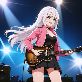 Generate an image of a female musician on stage during a live concert, wearing a white strapless shirt and a pink jacket. Her long white hair flows freely as she smiles, engaging with the audience. She holds an electric guitar, strumming with confidence. The stage lighting is dynamic, casting colorful reflections on her attire and the guitar. The composition captures her expressive pose and the vibrant atmosphere of the concert, emphasizing her joyful performance and the energetic crowd.