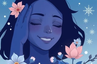 It generates a high-quality cinematic image, extreme detail, ultra definition, extreme realism, high-quality lighting, 16k UHD, a vector illustration of a woman at peace smiling with a hand on her face as if resting in blue tones for a meditation application, lofi style in the style of Keith Negley, Mike Mignola, Jon Klassen. with flowers and abstract elements around