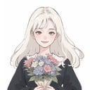 (masterpiece, best quality:1.2), ultra-detailed,(ultra detailed)，white_background，1girl,  white hair,portrait，best light and shadow,Holding a bunch of flowers, smile,<lora:qianbi:0.8>