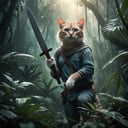ethereal fantasy concept art of cinematic film still, adventurer cat, dense jungle, holding a machete . magnificent, celestial, ethereal, painterly, epic, majestic, magical, fantasy art, cover art, dreamy