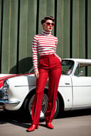 Medium format full body photography, (Retro-inspired British model:1.3), Front profile view, Rusty billboard backdrop, 80's hip hop vibe, (Zigzag striped turtleneck:1.2), Large sunglasses, (50's haircut:1.2), (White and red hues:1.2), Captured with a Hasselblad H6D-100c, 80mm f/2.8 lens, Defined shadows, Vintage details, Nostalgic style