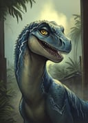 by Sicklyhypnos, by Beralin, by Blotch, by Dramamine, feral toony young (blue \(jurassic world\):1.25), velociraptor yellow eyes, (bedroom eyes), three-quarter view, three-quarter portrait, open mouth, looking at viewer, BREAK, abandoned building, jungle, plant, ranning, foggy, night, yellow light, film photography, soft focus, RAW photo, photorealistic, analog style, subsurface scattering, photorealism, absurd res