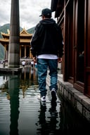 Photorealistic 8k photography, (Man in casual streetwear Walking Away:1.3), Dramatic lighting, Earthy young man, Clean style, (Back glance:1.2), Realistic skin, Casual outfit, (Reflection in water:1.2), Crowded monasteries or temples, Busy atmosphere, Rich cultural scene, Captured with a high-end Nikon D850, 24-70mm f/2.8 lens, Voluminous details, Authentic textures, Serene lighting, Vibrant composition