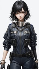 1 young cool girl, solo,look at the camera,wear police suit,extremely detailed CG unity 8k wallpaper,illustration,lens 135mm,masterpiece,(bracelet:1.3),(metal collar:1.3),white background,masterpiece,bestquality,masterpiece,best eyes,Standing, black quality,black_hair, masterpiece,best quality,dark persona,masterpiece,best quality,