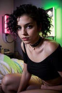 (analog photo:1.1), (a punk girl:1.15), green short curly hair, (black t-shirt:1.15), (20 years old, young:1.2), petite, (pubic hair:1.1), choker, cream eyeliner, european, cozy bedroom, (neon glow, cyberpunk:1.2), waves, warm colors, (inviting expression:1.05),  shallow depth of field, vignette, highly detailed, high budget Hollywood film, bokeh, cinemascope, moody, epic, gorgeous, film grain