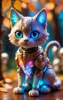 (best quality,8K,highres,masterpiece), ultra-detailed, (tiny robot kitten with oversized glowing eyes), a adorable tiny robot kitten with sleek metallic fur and oversized glowing eyes that radiate with vibrant light. Its body is adorned with soft, vibrant pastel colors, adding to its whimsical charm. The kitten is curled up in a playful pose, exuding a sense of innocence and curiosity. In the background, a minimalist circuit-board tree stands tall, with illuminated branches and leaves casting a soft glow. The juxtaposition of the robotic kitten against the organic elements of the tree creates a whimsical and playful atmosphere. Every detail of the scene is meticulously rendered, capturing the intricate beauty of the robotic kitten and the fantastical nature of its surroundings. Feel free to add your own creative touches to enhance the whimsy and detail of this captivating artwork