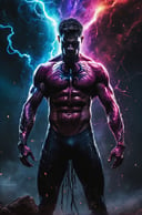 A muscular man with short, messy hair, wearing a venom costume, stands in the middle of a dark, nebula-filled landscape. His body is covered in black bloody veins that grow and intertwine out of the darkness, oozing thick neon rainbow blood. The man's eyes are closed, and he appears to be in a deep, dreamlike state. The scene is lit by a cinematic, film light, bathing in light, with a very sharp focus and high contrast. The background is atmospheric, surreal, and maroon cream bronze, with a high resolution, vibrant, and 8k quality. The man's body is hyper detailed and hyper realistic, with a spiritual and surrealistic feel. The scene is reminiscent of a fighting video game, with dynamic, vibrant, action-packed character design, and a disturbing and surrealistic atmosphere. The man's body is surrounded by sparks, lens flare, rim lighting, backlighting, RTX, and post-processing effects, with a satanic cross in the background. The man's body is floating into the abyssal 