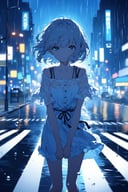 blue theme,cute 1girl, silver short hair, rainy, blurry citylights, pedestrian crossing, summer outfit, melancholy face, water drop,wind,straight-on,looking at viewer,(depth of field:1.2),(foreshortening)