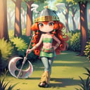 ((masterpiece, best quality)),(complex light), 1girl, solo, full body, barbara,  <lora:RaymanBarbara1:0.8>, long hair, red hair, helmet,skirt, tube top, curly hair, walking, forest, double headed axe, holding axe, 